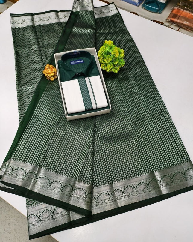 Traditional Couple Combo Set Kanchipuram Silk Saree & Cotton Dhoti - Shirt - Rosepetals Luxe