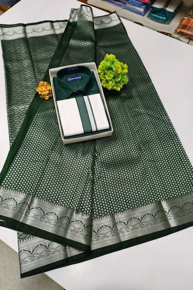 Traditional Couple Combo Set Kanchipuram Silk Saree & Cotton Dhoti - Shirt - Rosepetals Luxe