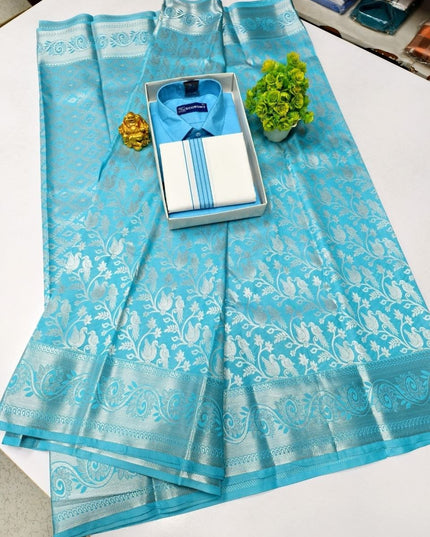 Traditional Couple Combo Set Kanchipuram Silk Saree & Cotton Dhoti - Shirt - Rosepetals Luxe
