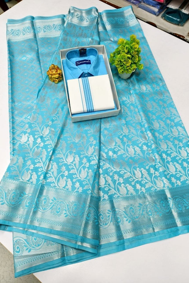 Traditional Couple Combo Set Kanchipuram Silk Saree & Cotton Dhoti - Shirt - Rosepetals Luxe