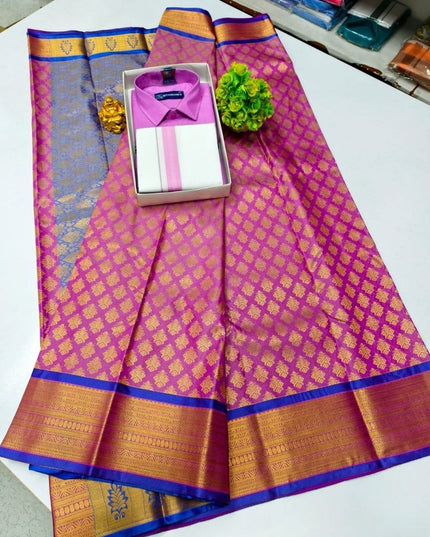 Traditional Couple Combo Set Kanchipuram Silk Saree & Cotton Dhoti - Shirt - Rosepetals Luxe