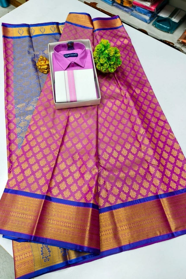 Traditional Couple Combo Set Kanchipuram Silk Saree & Cotton Dhoti - Shirt - Rosepetals Luxe