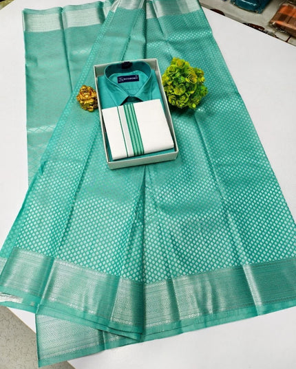 Traditional Couple Combo Set Kanchipuram Silk Saree & Cotton Dhoti - Shirt - Rosepetals Luxe