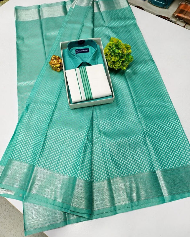 Traditional Couple Combo Set Kanchipuram Silk Saree & Cotton Dhoti - Shirt - Rosepetals Luxe