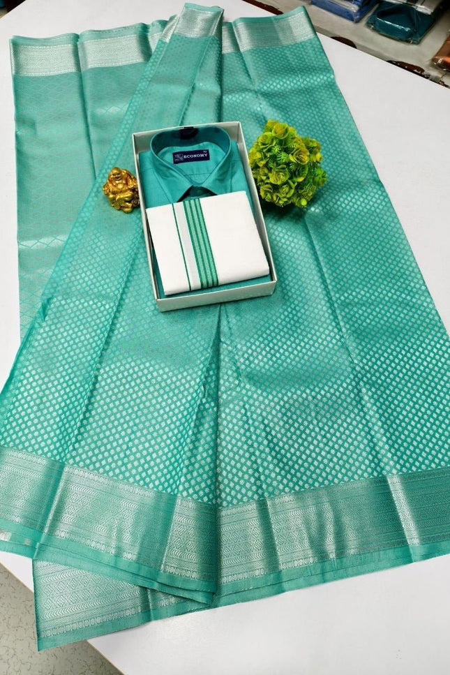 Traditional Couple Combo Set Kanchipuram Silk Saree & Cotton Dhoti - Shirt - Rosepetals Luxe