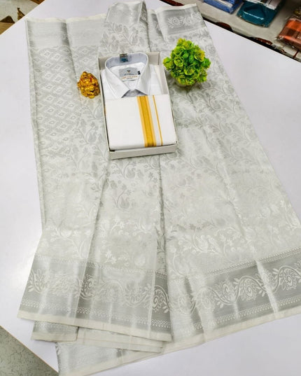 Traditional Couple Combo Set Kanchipuram Silk Saree & Cotton Dhoti - Shirt - Rosepetals Luxe
