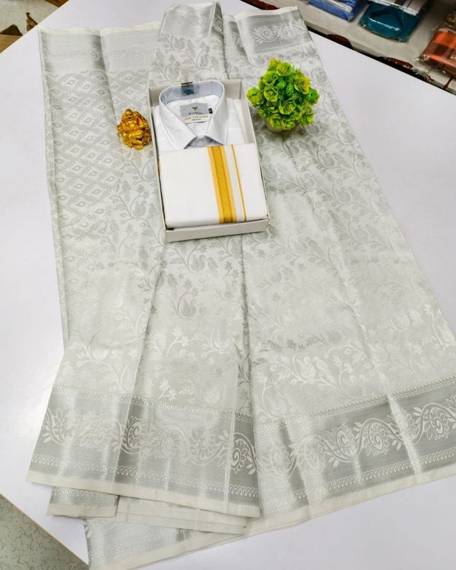 Traditional Couple Combo Set Kanchipuram Silk Saree & Cotton Dhoti - Shirt - Rosepetals Luxe