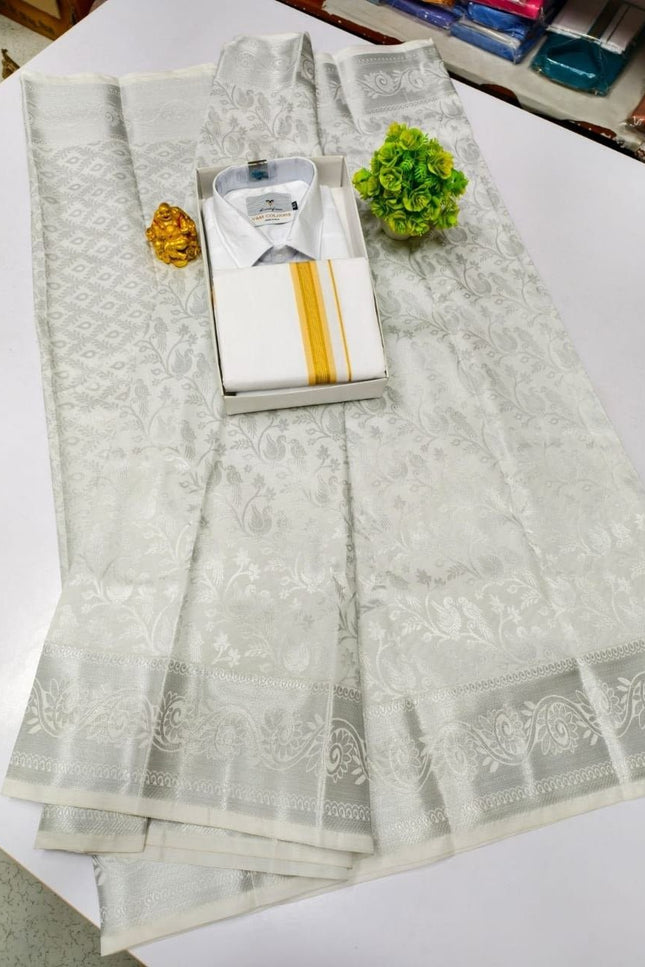 Traditional Couple Combo Set Kanchipuram Silk Saree & Cotton Dhoti - Shirt - Rosepetals Luxe