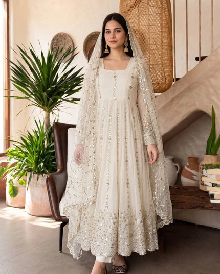 Premium Fandy Silk Embroidered Gown Set with Sequins Work, Matching Pant & Dupatta Ready to Wear Designer Party Wear Ethnic Outfit for Women