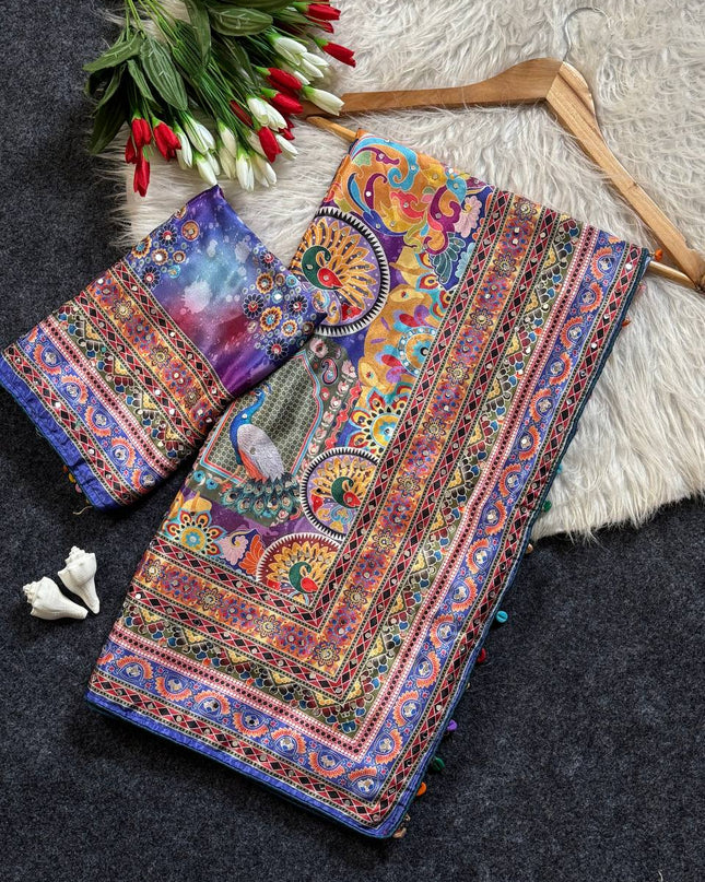 Trending Ajrakh Print Roman Silk Saree with Real Mirror Work and Blouse - Rosepetals Luxe