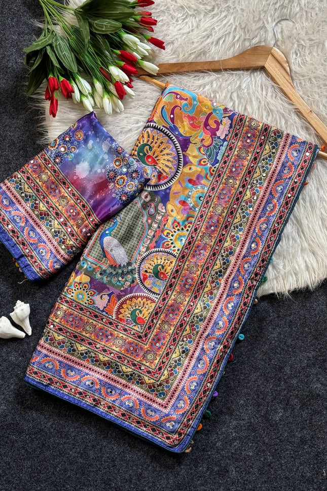 Trending Ajrakh Print Roman Silk Saree with Real Mirror Work and Blouse - Rosepetals Luxe
