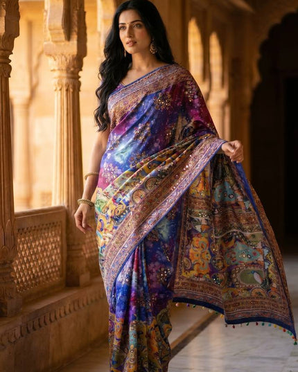 Trending Ajrakh Print Roman Silk Saree with Real Mirror Work and Blouse - Rosepetals Luxe