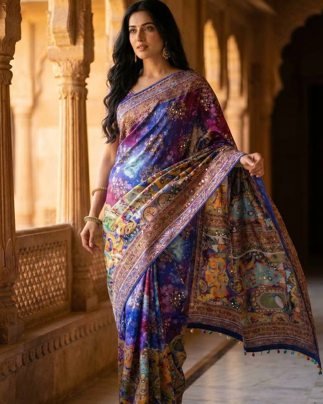 Trending Ajrakh Print Roman Silk Saree with Real Mirror Work and Blouse - Rosepetals Luxe