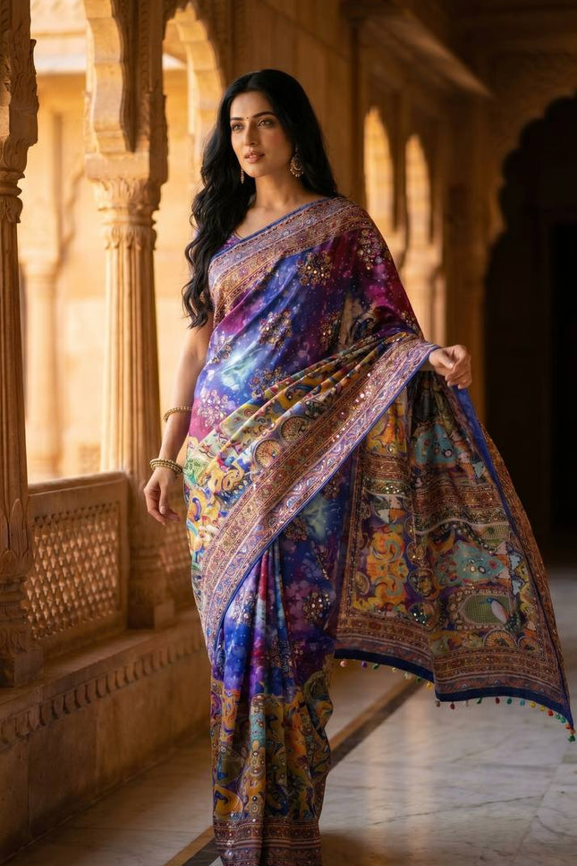 Trending Ajrakh Print Roman Silk Saree with Real Mirror Work and Blouse - Rosepetals Luxe
