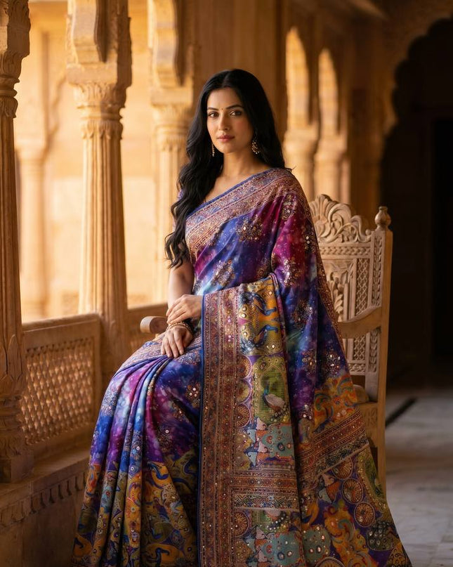 Trending Ajrakh Print Roman Silk Saree with Real Mirror Work and Blouse - Rosepetals Luxe