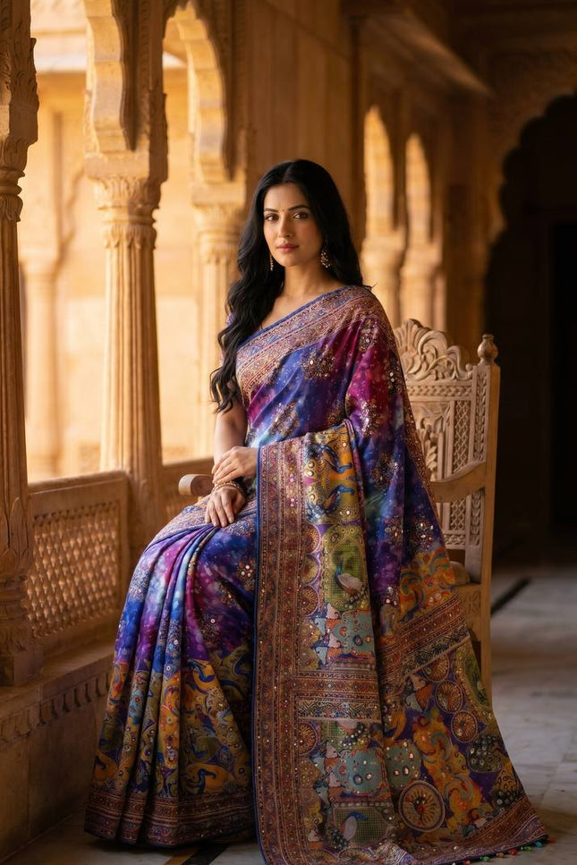 Trending Ajrakh Print Roman Silk Saree with Real Mirror Work and Blouse - Rosepetals Luxe