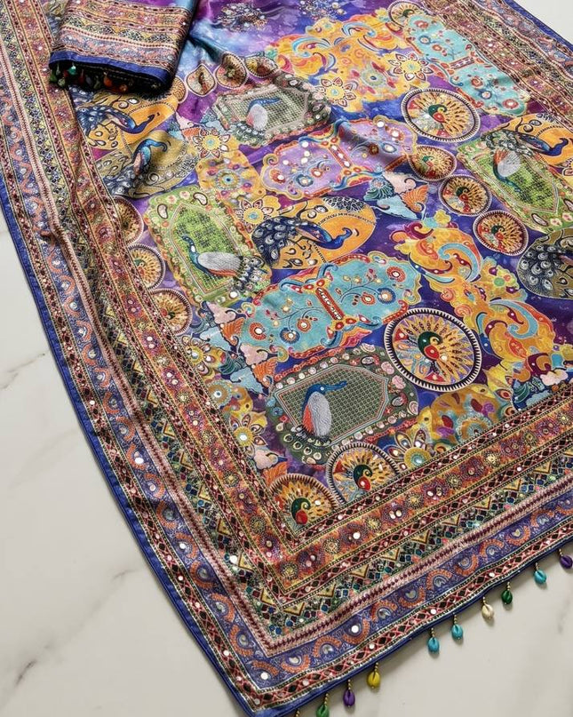 Trending Ajrakh Print Roman Silk Saree with Real Mirror Work and Blouse - Rosepetals Luxe