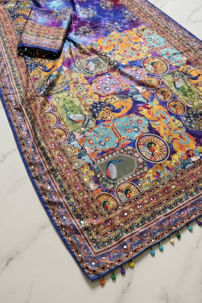 Trending Ajrakh Print Roman Silk Saree with Real Mirror Work and Blouse - Rosepetals Luxe