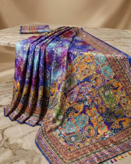 Trending Ajrakh Print Roman Silk Saree with Real Mirror Work and Blouse - Rosepetals Luxe