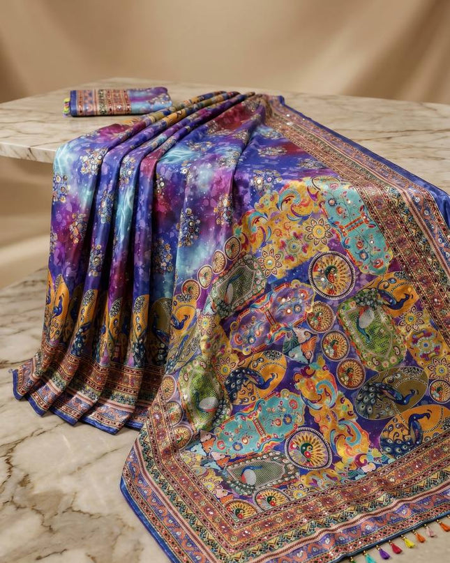 Trending Ajrakh Print Roman Silk Saree with Real Mirror Work and Blouse - Rosepetals Luxe