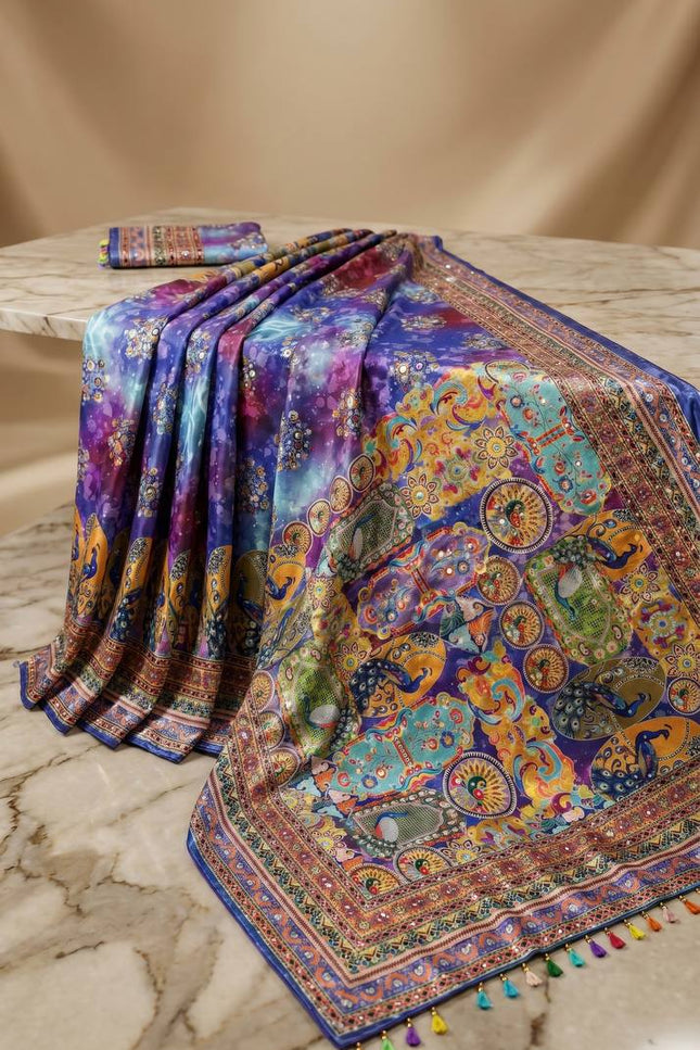Trending Ajrakh Print Roman Silk Saree with Real Mirror Work and Blouse - Rosepetals Luxe