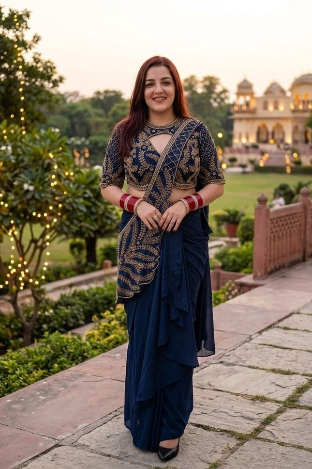 Trending Dhoti Style Saree | Star Georgette Silk with Heavy Embroidery & Sequence Work - Rosepetals Luxe