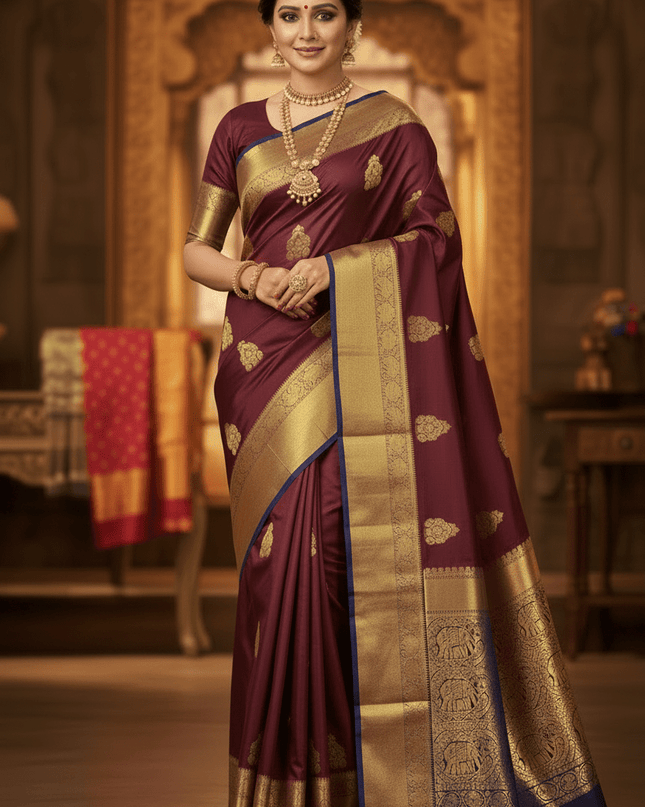 Trending Kanchipuram Pure Silk Saree with Fancy Butta Work | Silk Mark Certified - Rosepetals Luxe