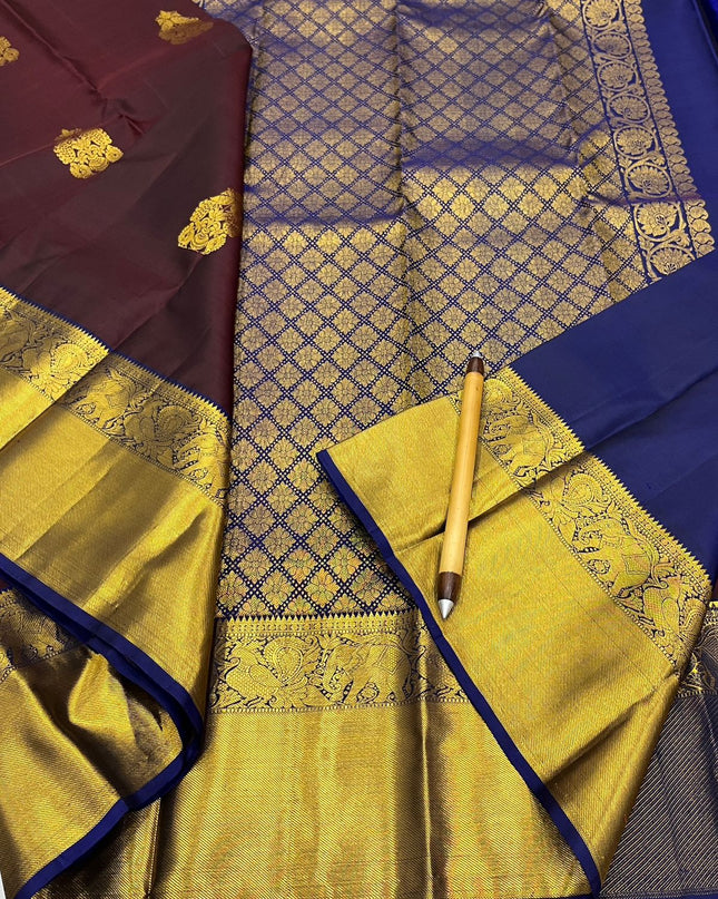 Trending Kanchipuram Pure Silk Saree with Fancy Butta Work | Silk Mark Certified - Rosepetals Luxe