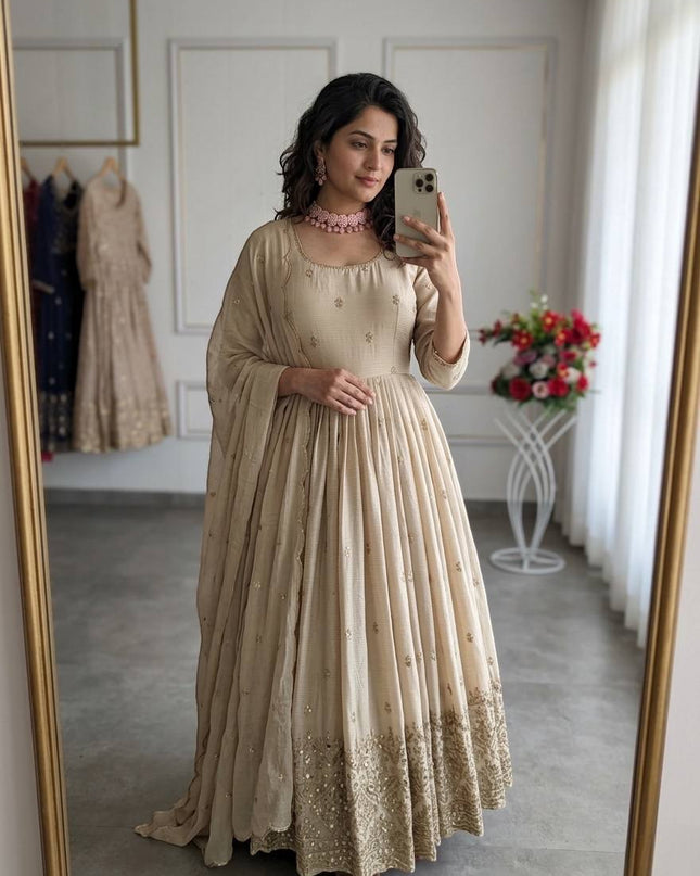 Trending Ready - to - Wear Chinon Silk Gown with Pant and Dupatta Set - Rosepetals Luxe