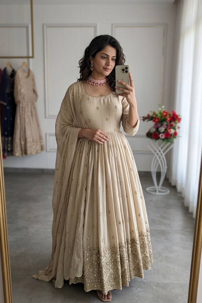 Trending Ready - to - Wear Chinon Silk Gown with Pant and Dupatta Set - Rosepetals Luxe