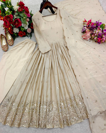 Trending Ready - to - Wear Chinon Silk Gown with Pant and Dupatta Set - Rosepetals Luxe