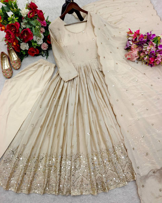 Trending Ready - to - Wear Chinon Silk Gown with Pant and Dupatta Set - Rosepetals Luxe