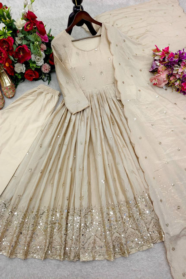 Trending Ready - to - Wear Chinon Silk Gown with Pant and Dupatta Set - Rosepetals Luxe