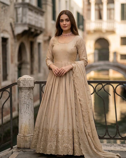 Trending Ready - to - Wear Chinon Silk Gown with Pant and Dupatta Set - Rosepetals Luxe