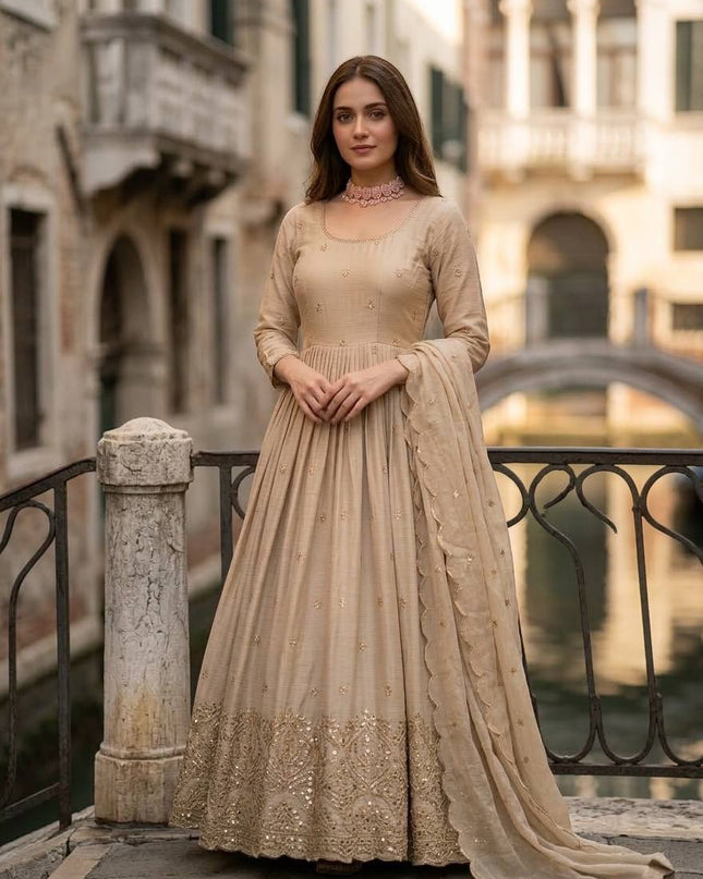 Trending Ready - to - Wear Chinon Silk Gown with Pant and Dupatta Set - Rosepetals Luxe