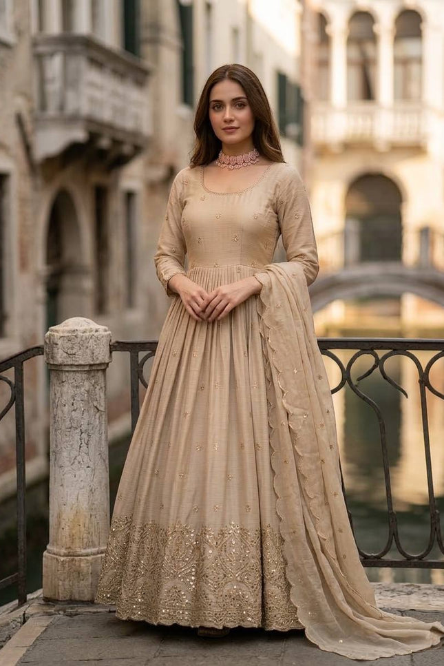 Trending Ready - to - Wear Chinon Silk Gown with Pant and Dupatta Set - Rosepetals Luxe