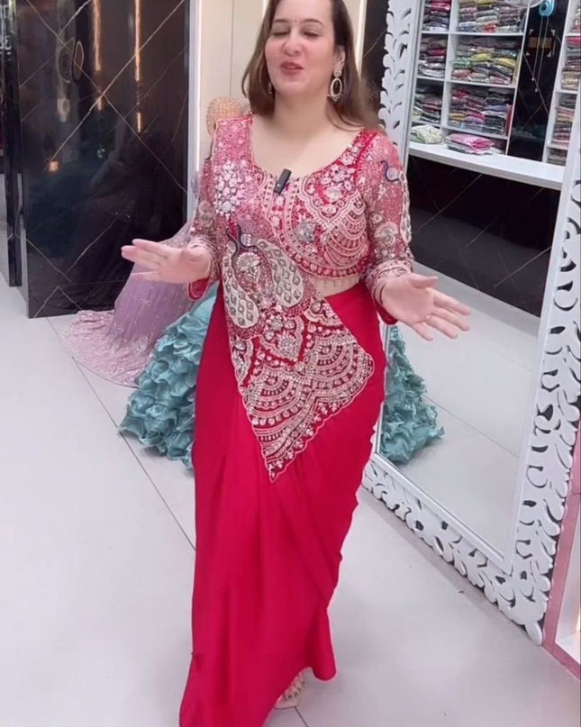 Trending Ready - to - Wear Crepe Saree with Sequins Embroidery & Designer Blouse - Rosepetals Luxe