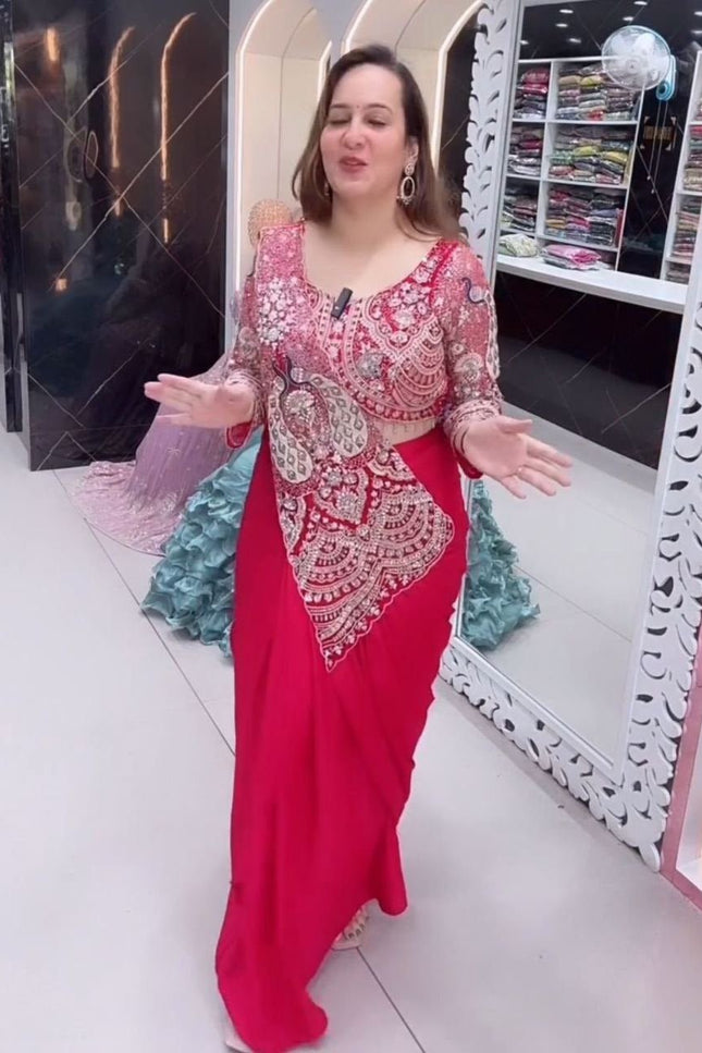 Trending Ready - to - Wear Crepe Saree with Sequins Embroidery & Designer Blouse - Rosepetals Luxe