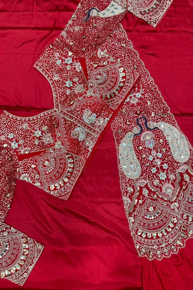Trending Ready - to - Wear Crepe Saree with Sequins Embroidery & Designer Blouse - Rosepetals Luxe