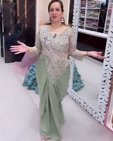 Trending Ready - to - Wear Crepe Saree with Sequins Embroidery & Designer Blouse - Rosepetals Luxe