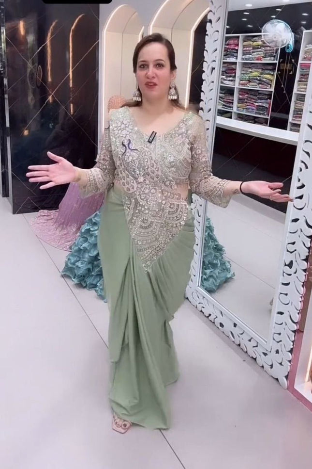 Trending Ready - to - Wear Crepe Saree with Sequins Embroidery & Designer Blouse - Rosepetals Luxe