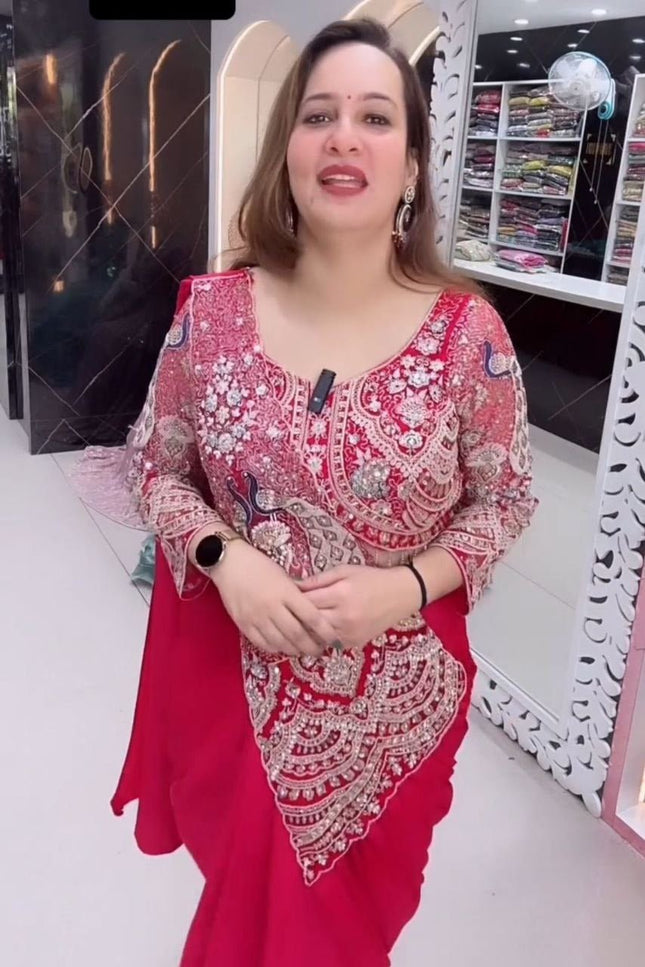 Trending Ready - to - Wear Crepe Saree with Sequins Embroidery & Designer Blouse - Rosepetals Luxe