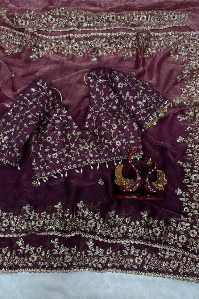 Trending Shaded Chiffon Saree with Sequins Embroidery & Designer Blouse - Rosepetals Luxe