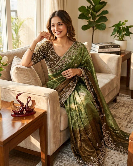 Trending Shaded Chiffon Saree with Sequins Embroidery & Designer Blouse - Rosepetals Luxe