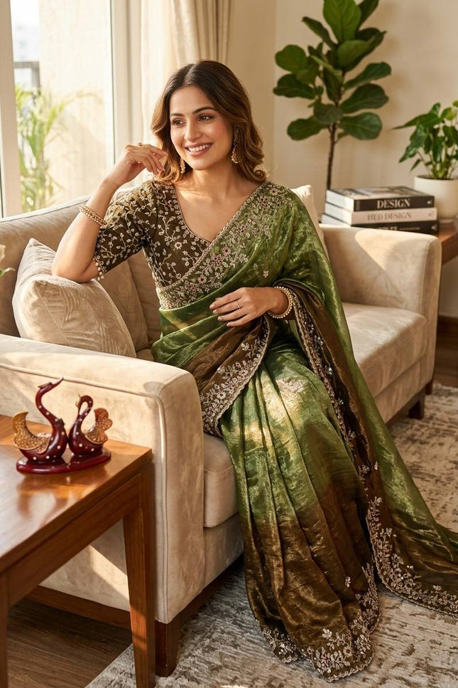 Trending Shaded Chiffon Saree with Sequins Embroidery & Designer Blouse - Rosepetals Luxe
