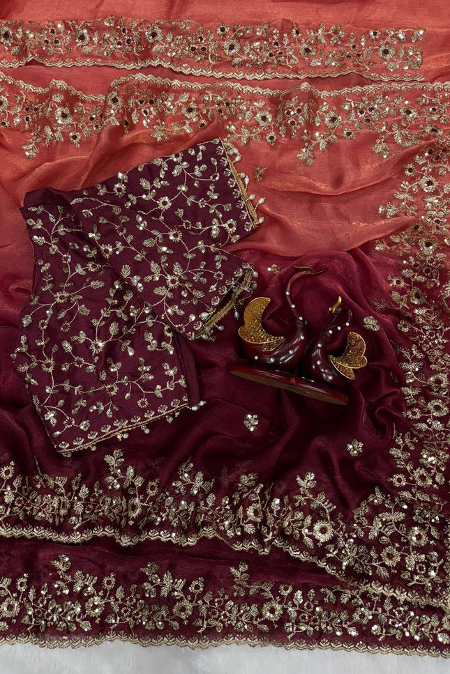 Trending Shaded Chiffon Saree with Sequins Embroidery & Designer Blouse - Rosepetals Luxe