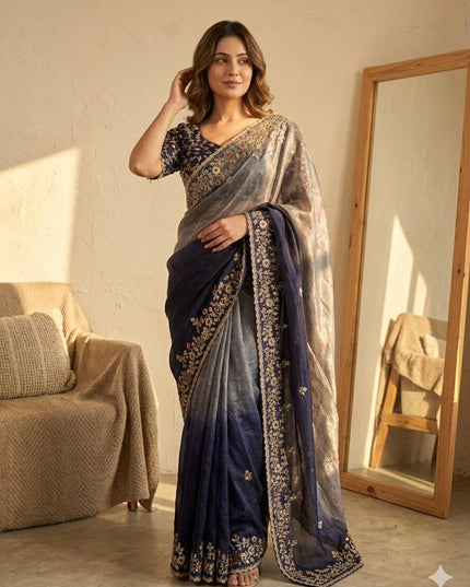 Trending Shaded Chiffon Saree with Sequins Embroidery & Designer Blouse - Rosepetals Luxe