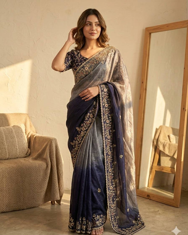 Trending Shaded Chiffon Saree with Sequins Embroidery & Designer Blouse - Rosepetals Luxe