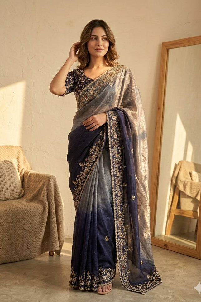 Trending Shaded Chiffon Saree with Sequins Embroidery & Designer Blouse - Rosepetals Luxe