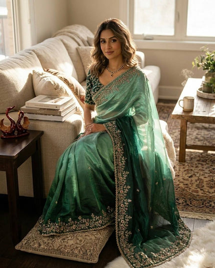 Trending Shaded Chiffon Saree with Sequins Embroidery & Designer Blouse - Rosepetals Luxe